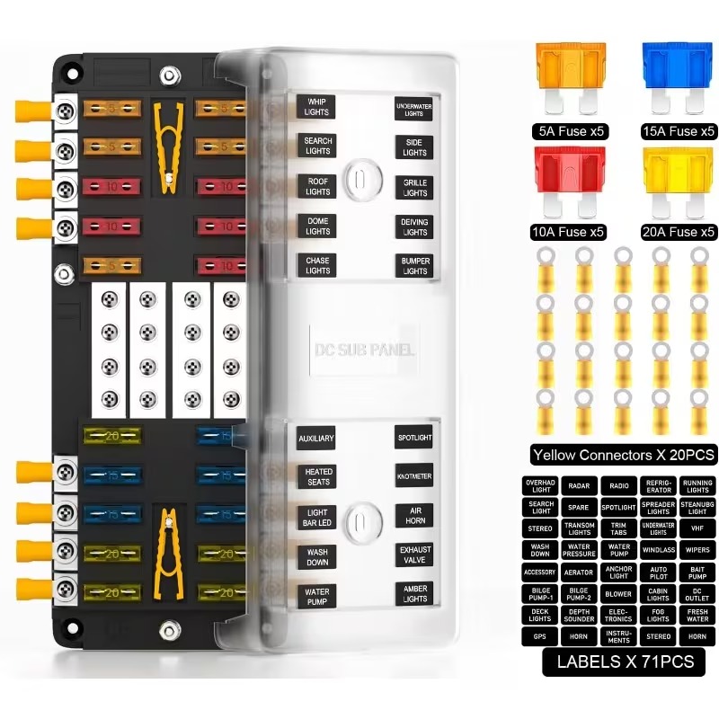 16-Way 12V/24V Fuse Block with Positive and Negative Bus Bars